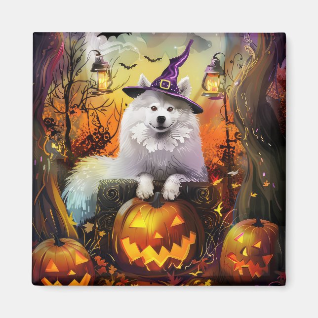 Spooky Samoyed Dog Halloween Witch And Pumpkin Magnet (Front)