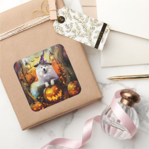 Spooky Samoyed Dog Halloween Witch And Pumpkin Square Sticker
