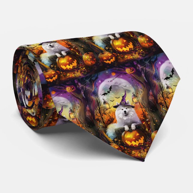 Spooky Samoyed Dog Halloween Witch And Pumpkin Tie (Rolled)