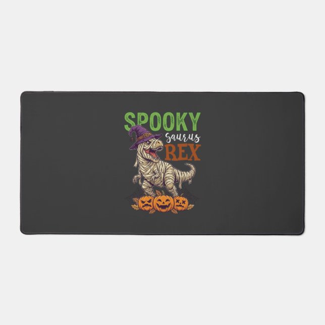 Spooky Saurus Rex Mummy Dinosaur Witch Hat Pumpkin Desk Mat (Front)