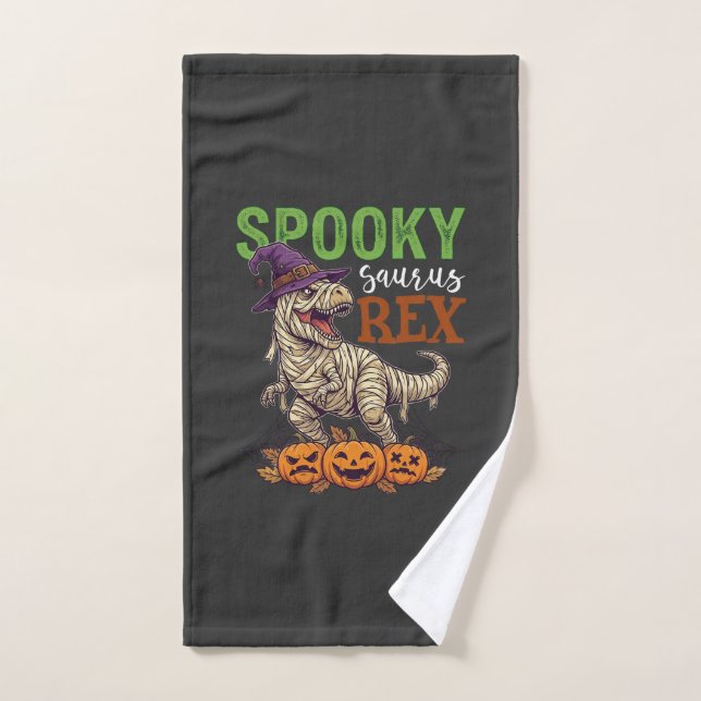 Spooky Saurus Rex Mummy Dinosaur Witch Hat Pumpkin Hand Towel (Hand Towel)