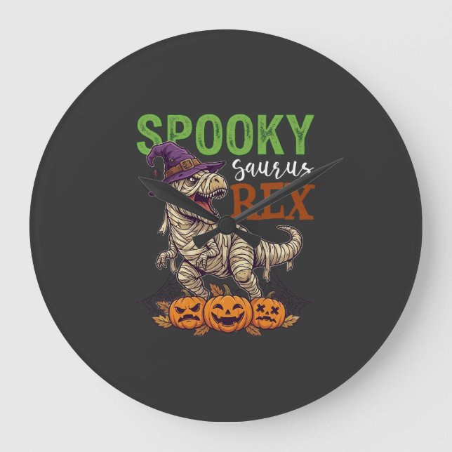 Spooky Saurus Rex Mummy Dinosaur Witch Hat Pumpkin Large Clock (Front)