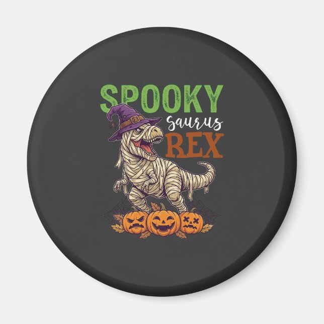 Spooky Saurus Rex Mummy Dinosaur Witch Hat Pumpkin Magnet (Front)