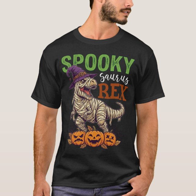 Spooky Saurus Rex Mummy Dinosaur Witch Hat Pumpkin T-Shirt (Front)
