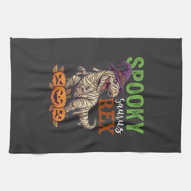 Spooky Saurus Rex Mummy Dinosaur Witch Hat Pumpkin Tea Towel (Horizontal)