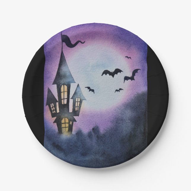 Spooky scene with castle and bats paper plate (Front)