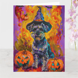 Spooky Schnauzer Dog Halloween Witch And Pumpkin Card