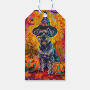 Spooky Schnauzer Dog Halloween Witch And Pumpkin Gift Tags