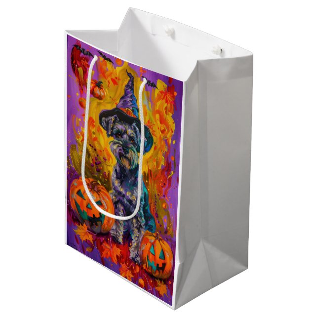 Spooky Schnauzer Dog Halloween Witch And Pumpkin Medium Gift Bag (Front Angled)