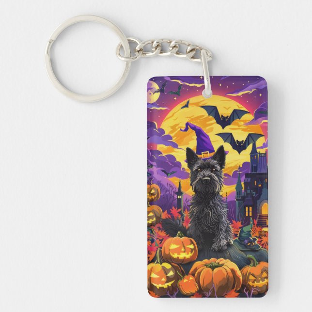 Spooky Scottish Terrier Halloween Witch Pumpkin Key Ring (Front)