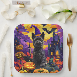 Spooky Scottish Terrier Halloween Witch Pumpkin Paper Plate