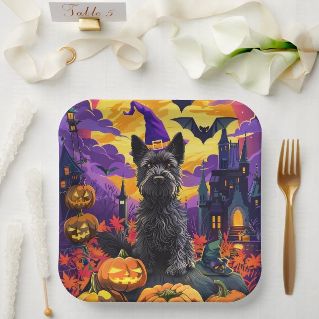 Spooky Scottish Terrier Halloween Witch Pumpkin Paper Plate (Wedding)