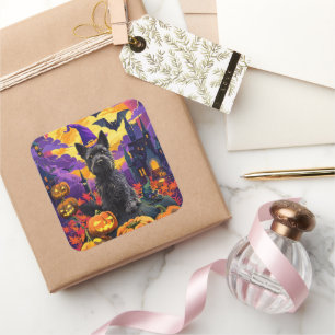 Spooky Scottish Terrier Halloween Witch Pumpkin Square Sticker