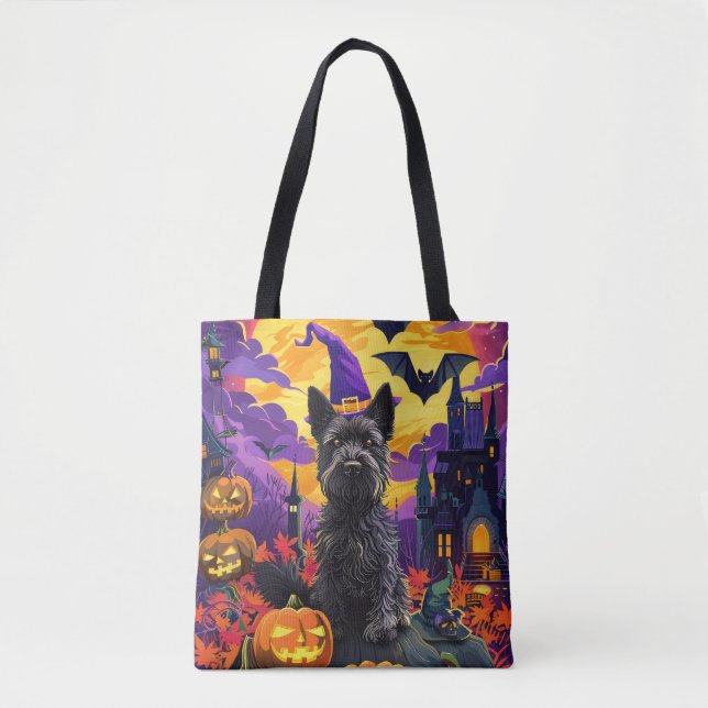 Spooky Scottish Terrier Halloween Witch Pumpkin Tote Bag (Front)