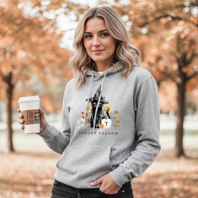 Spooky Season Black Cat Fall Cozy Floral Monogram Hoodie (Spooky Season Black Cat Fall Cozy Floral Monogram Hoodie)