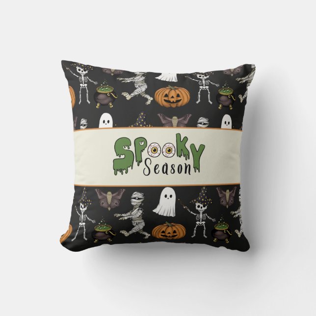 Spooky Season Black Halloween Pattern Cushion (Front)