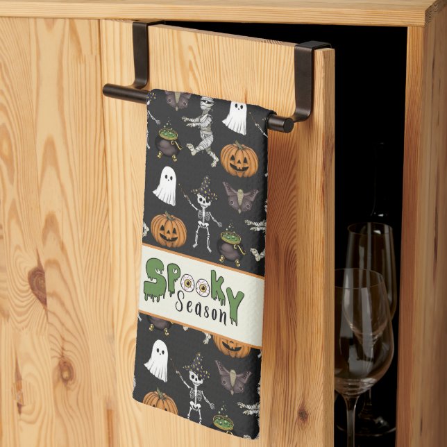 Spooky Season Black Halloween Pattern Tea Towel (Thirds Fold)
