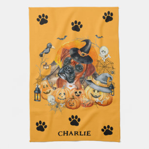 Spooky Season Boxer Halloween Pumpkin Custom Dog Tea Towel