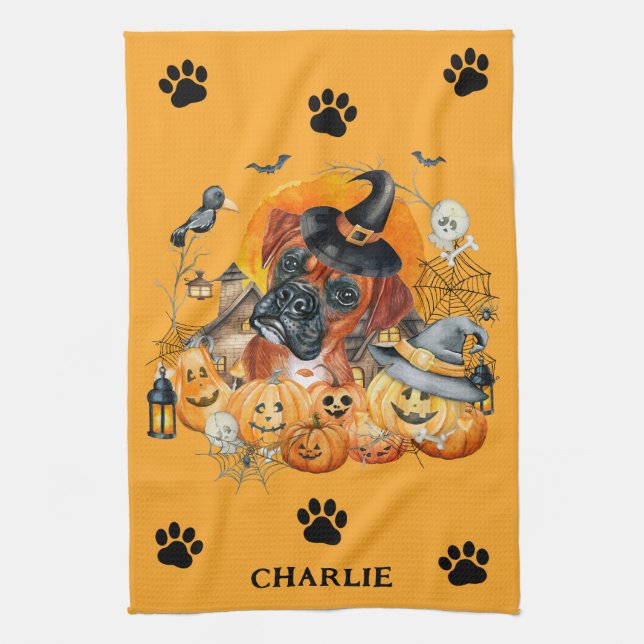 Spooky Season Boxer Halloween Pumpkin Custom Dog Tea Towel (Vertical)