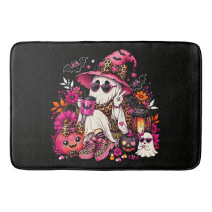 Spooky Season Cute Ghost in Witch Hat and Pumpkin Bath Mat