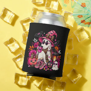Spooky Season Cute Ghost in Witch Hat and Pumpkin Can Cooler
