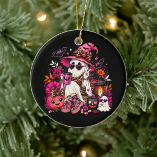 Spooky Season Cute Ghost in Witch Hat and Pumpkin Ceramic Tree Decoration