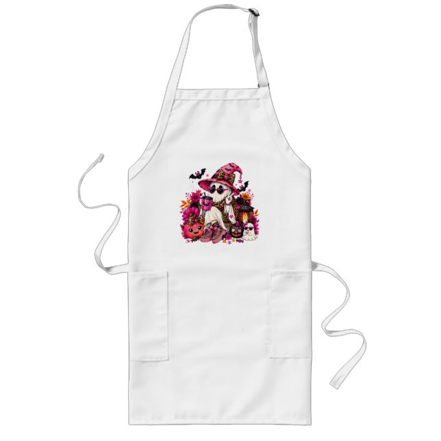 Spooky Season Cute Ghost in Witch Hat and Pumpkin Long Apron (Front)