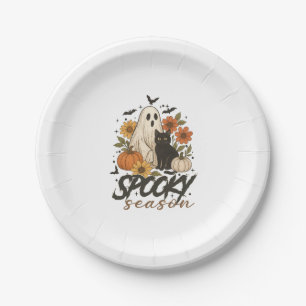 Spooky Season Ghost Retro Spooky Floral Halloween  Paper Plate