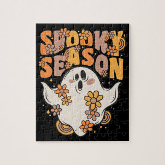 Spooky Season Groovy Ghost With Vintage Flowers Ji Jigsaw Puzzle