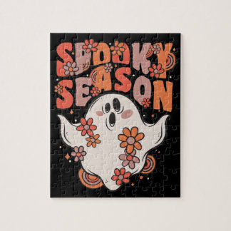 Spooky Season Groovy Ghost With Vintage Flowers Ji Jigsaw Puzzle