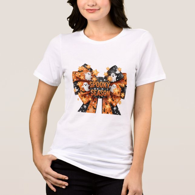 Spooky Season Halloween Bow Ghosts Bats Spiderweb  Tri-Blend Shirt (Front)