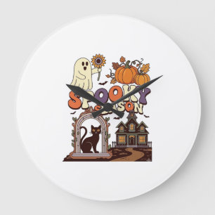 Spooky Season Halloween Ghost Pumpkin Black Cat Ha Large Clock