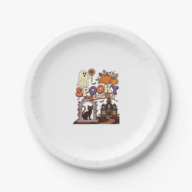 Spooky Season Halloween Ghost Pumpkin Black Cat Ha Paper Plate (Front)
