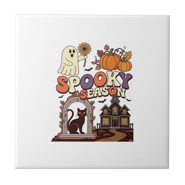 Spooky Season Halloween Ghost Pumpkin Black Cat Ha Tile (Front)