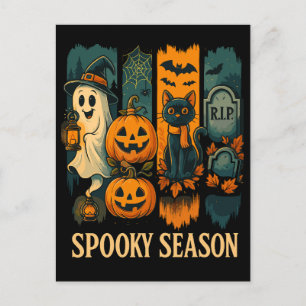 Spooky Season Halloween – Ghost, Pumpkins, Cat Holiday Postcard