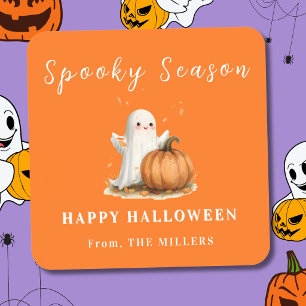 Spooky Season Orange Cute Ghost Square Sticker
