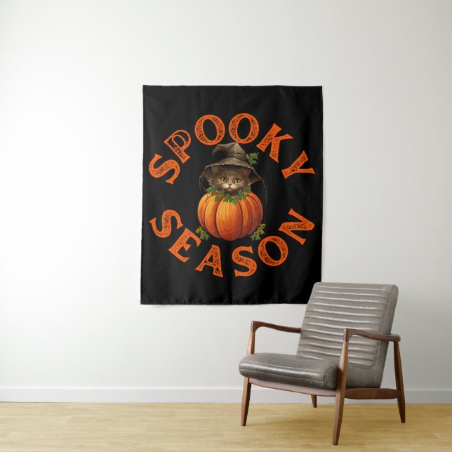Spooky Season Pumpkin Cat Tapestry (In Situ)