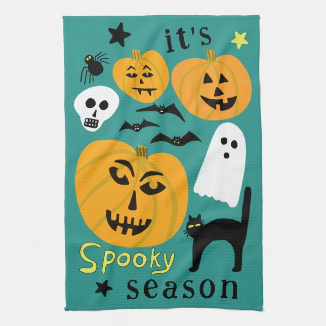 Spooky Season Pumpkins Ghost Bat HALLOWEEN Autumn Tea Towel (Vertical)