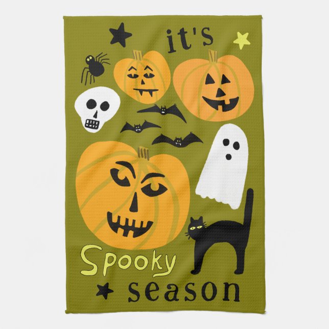 Spooky Season Pumpkins Ghost Bat HALLOWEEN Autumn Tea Towel (Vertical)