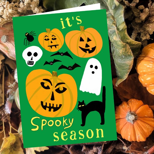 Spooky Season Pumpkins Ghost Bat HAPPY HALLOWEEN Card (Spooky Season Pumpkins Ghost Bat HAPPY HALLOWEEN Autumn October Fall Cute Hand-drawn Card
)