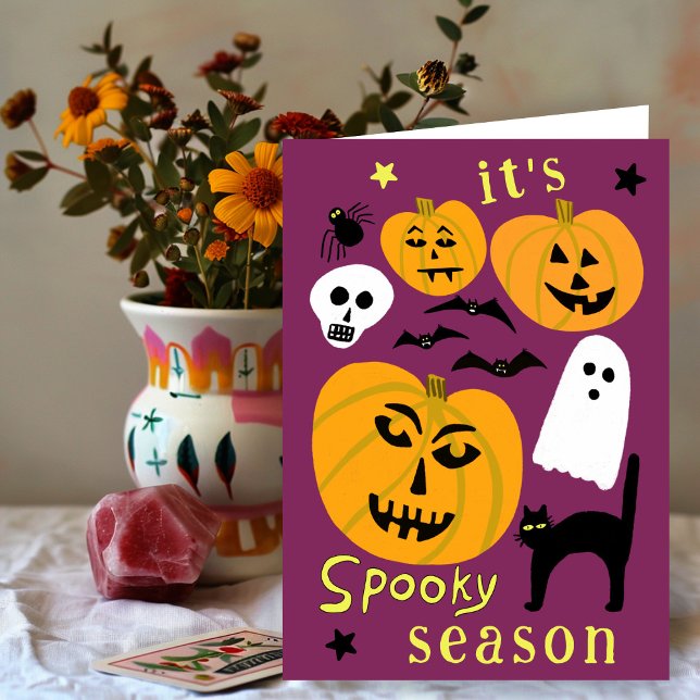 Spooky Season Pumpkins Ghost Bat HAPPY HALLOWEEN Card (Spooky Season Pumpkins Ghost Bat HAPPY HALLOWEEN  Autumn Hand-Drawn Whimsical Cute Greeting Card
)