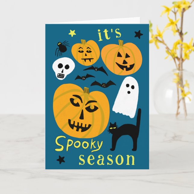 Spooky Season Pumpkins Ghost Bat HAPPY HALLOWEEN Card (Yellow Flower)