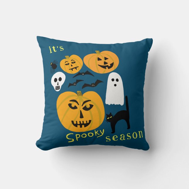 Spooky Season Pumpkins Ghost Bat HAPPY HALLOWEEN Cushion (Front)
