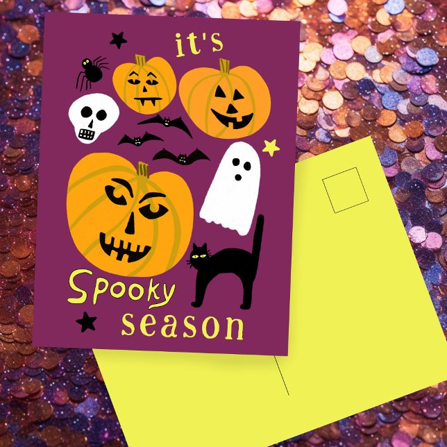 Spooky Season Pumpkins Ghost Bat HAPPY HALLOWEEN Postcard (Spooky Season Pumpkins Ghost Bat HAPPY HALLOWEEN Autumn October Cute Quirky Hand-drawn Postcard
)