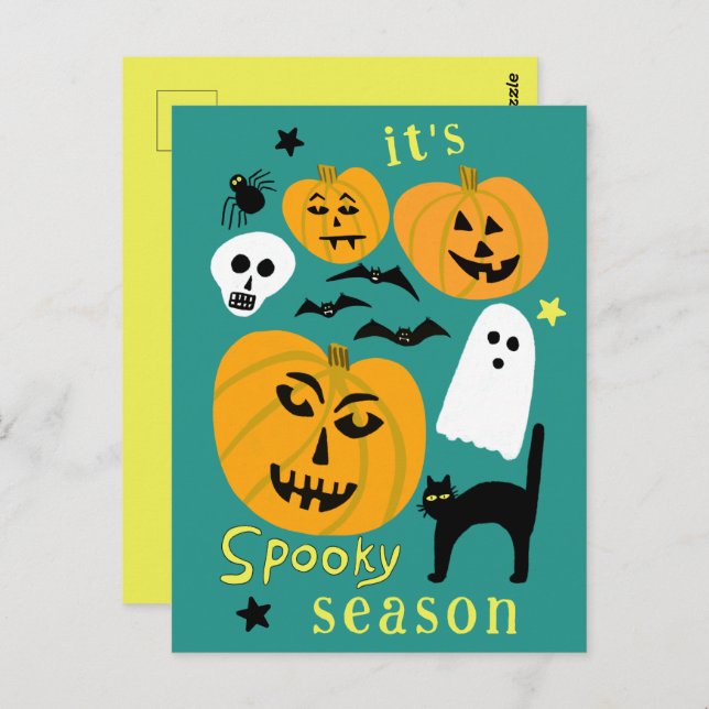 Spooky Season Pumpkins Ghost Bat HAPPY HALLOWEEN Postcard (Front/Back)