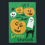 Spooky Season Pumpkins Ghost Bat HAPPY HALLOWEEN Tea Towel<br><div class="desc">Decorate your kitchen with this cool art towel. Makes a great Halloween,  housewarming,  birthday or wedding gift! 
You can customise it with your own text too or change the colours.
Check my shop for lots more colours and patterns!</div>