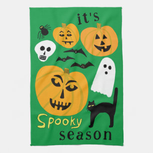 Spooky Season Pumpkins Ghost Bat HAPPY HALLOWEEN Tea Towel