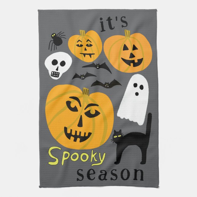 Spooky Season Pumpkins Ghost Bat HAPPY HALLOWEEN Tea Towel (Vertical)