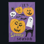 Spooky Season Pumpkins Ghost Bat HAPPY HALLOWEEN Tea Towel<br><div class="desc">Decorate your kitchen with this cool art towel. Makes a great Halloween,  housewarming,  birthday or wedding gift! 
You can customise it with your own text too or change the colours.
Check my shop for lots more colours and patterns!</div>