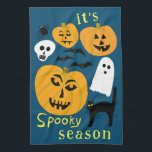 Spooky Season Pumpkins Ghost Bat HAPPY HALLOWEEN Tea Towel<br><div class="desc">Decorate your kitchen with this cool art towel. Makes a great Halloween,  housewarming,  birthday or wedding gift! 
You can customise it with your own text too or change the colours.
Check my shop for lots more colours and patterns!</div>